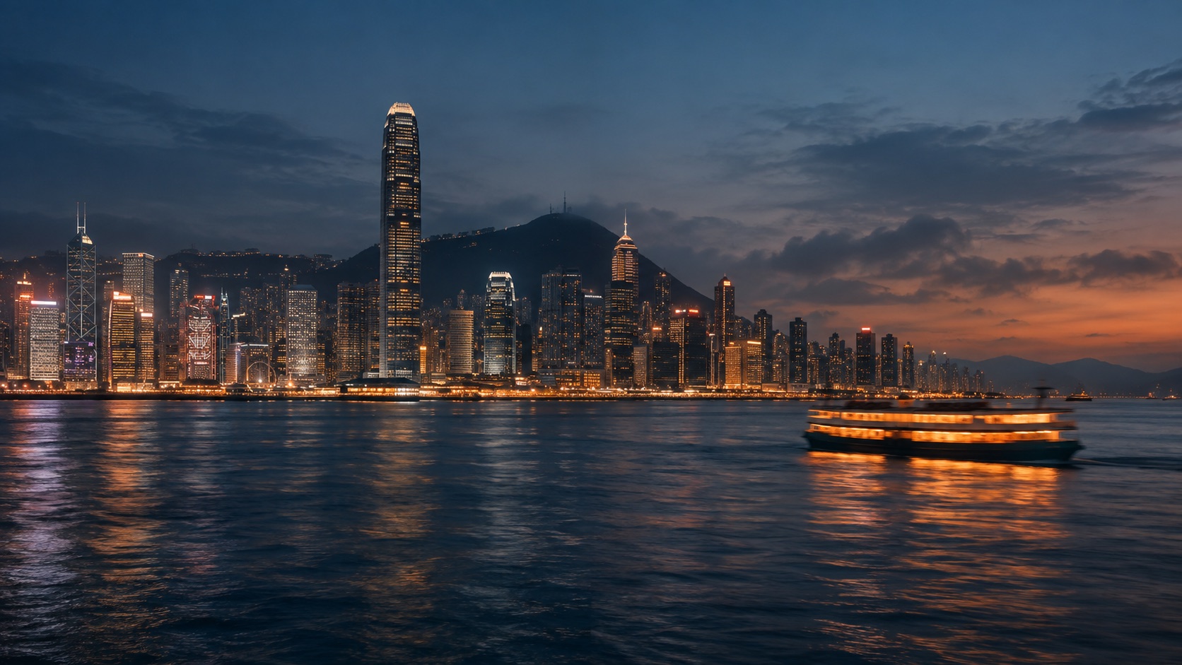 夜幕下的城市与水面灯光，国际连接主题概念图